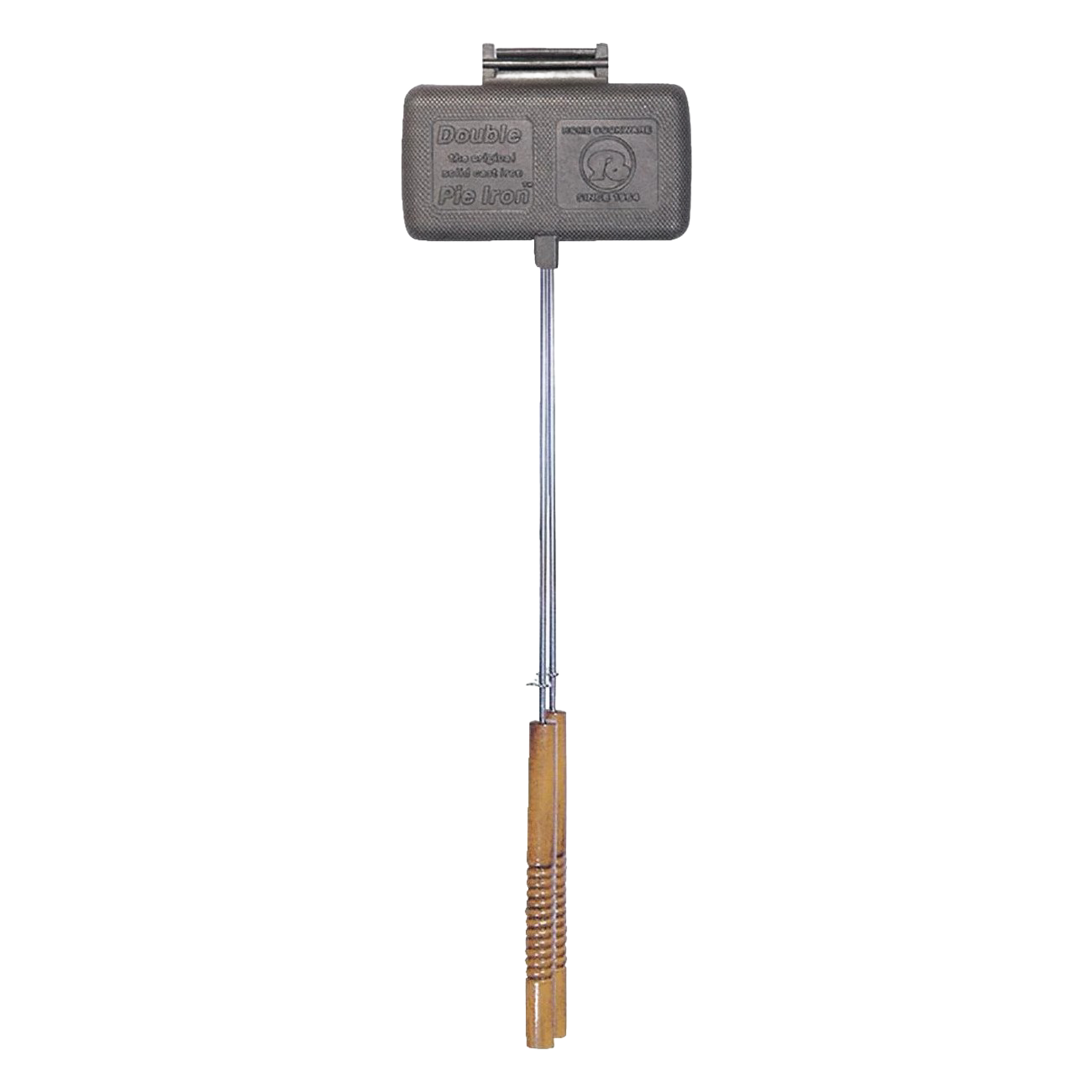 Double cast iron sandwich cooker with wooden handle for grilling and outdoor cooking tools and accessories.