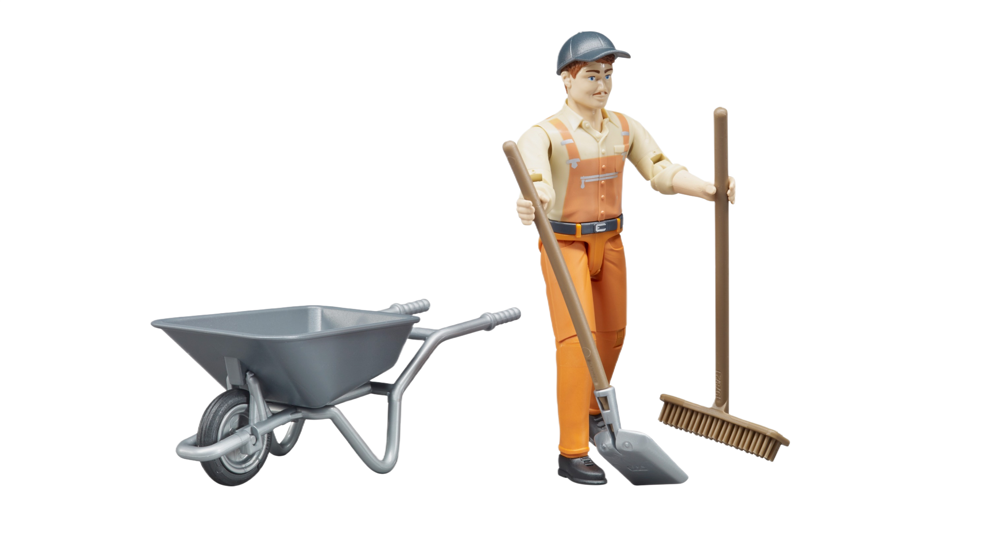 Figure of municipal worker in orange overalls holding shovel and broom next to gray wheelbarrow for home improvement tasks