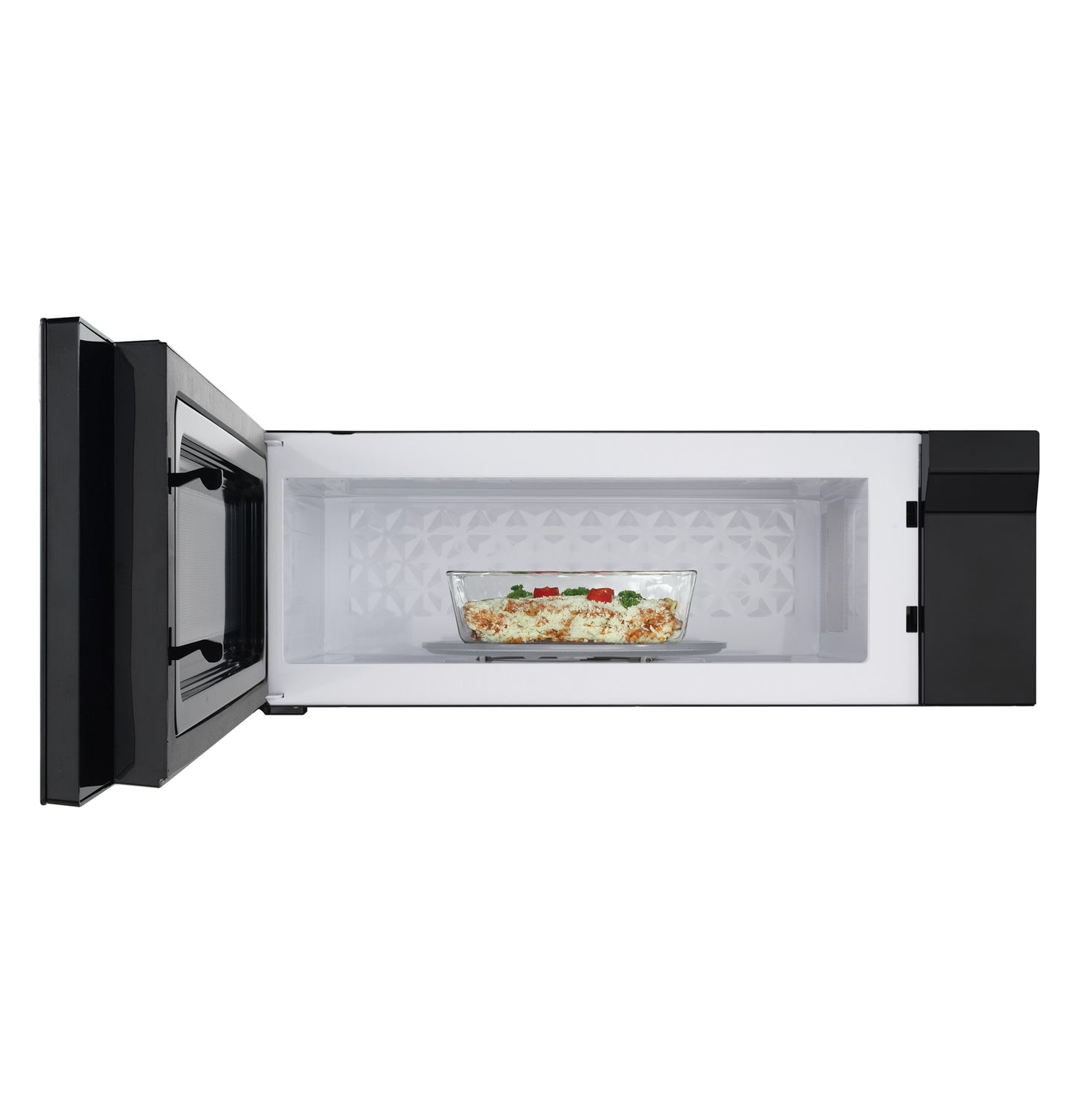 Over-the-range black microwave oven with door open showing glass dish with food inside in kitchen appliances category