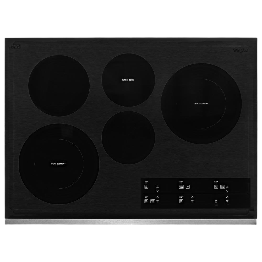 Black electric ceramic glass cooktop with five radiant cooking elements and touch control panel at Hartville Hardware