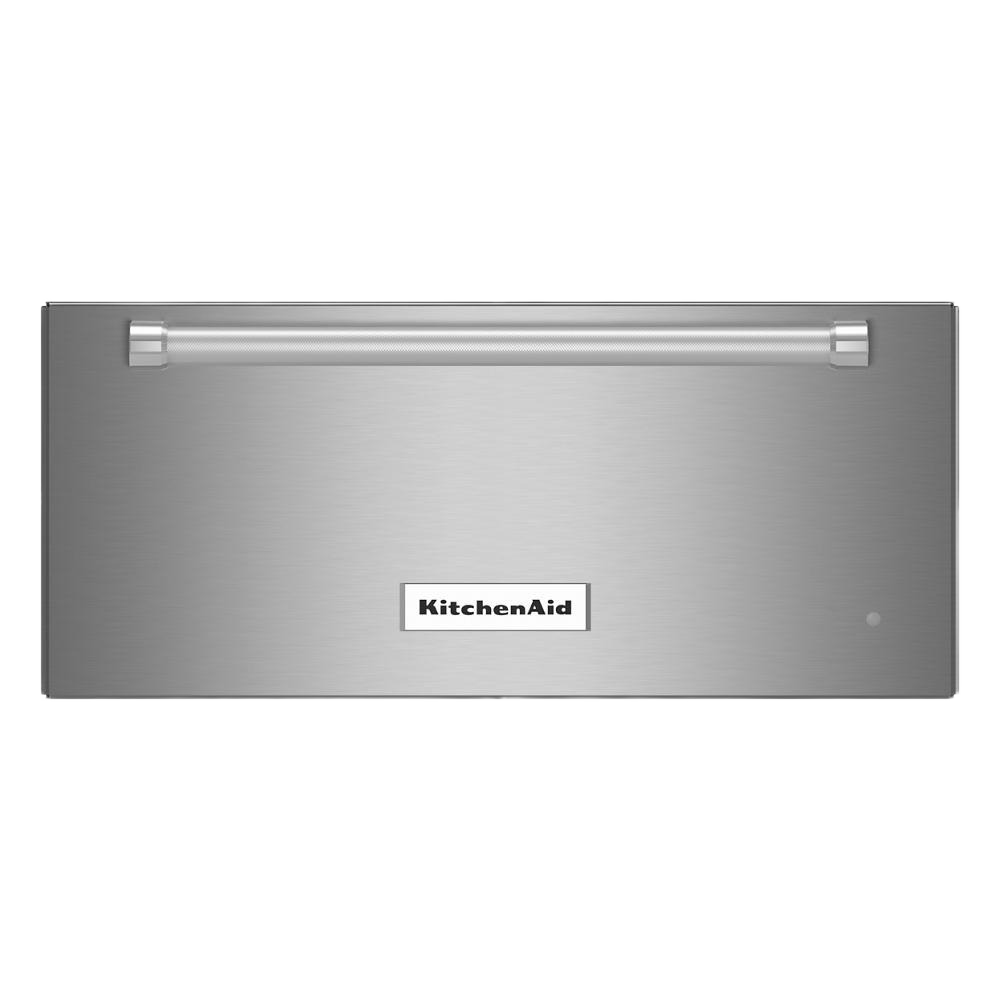 Stainless steel warming drawer with handle and KitchenAid logo, designed for built-in installation, part of Wall Ovens, Kitchen & Kitchenware, and Appliances collections.