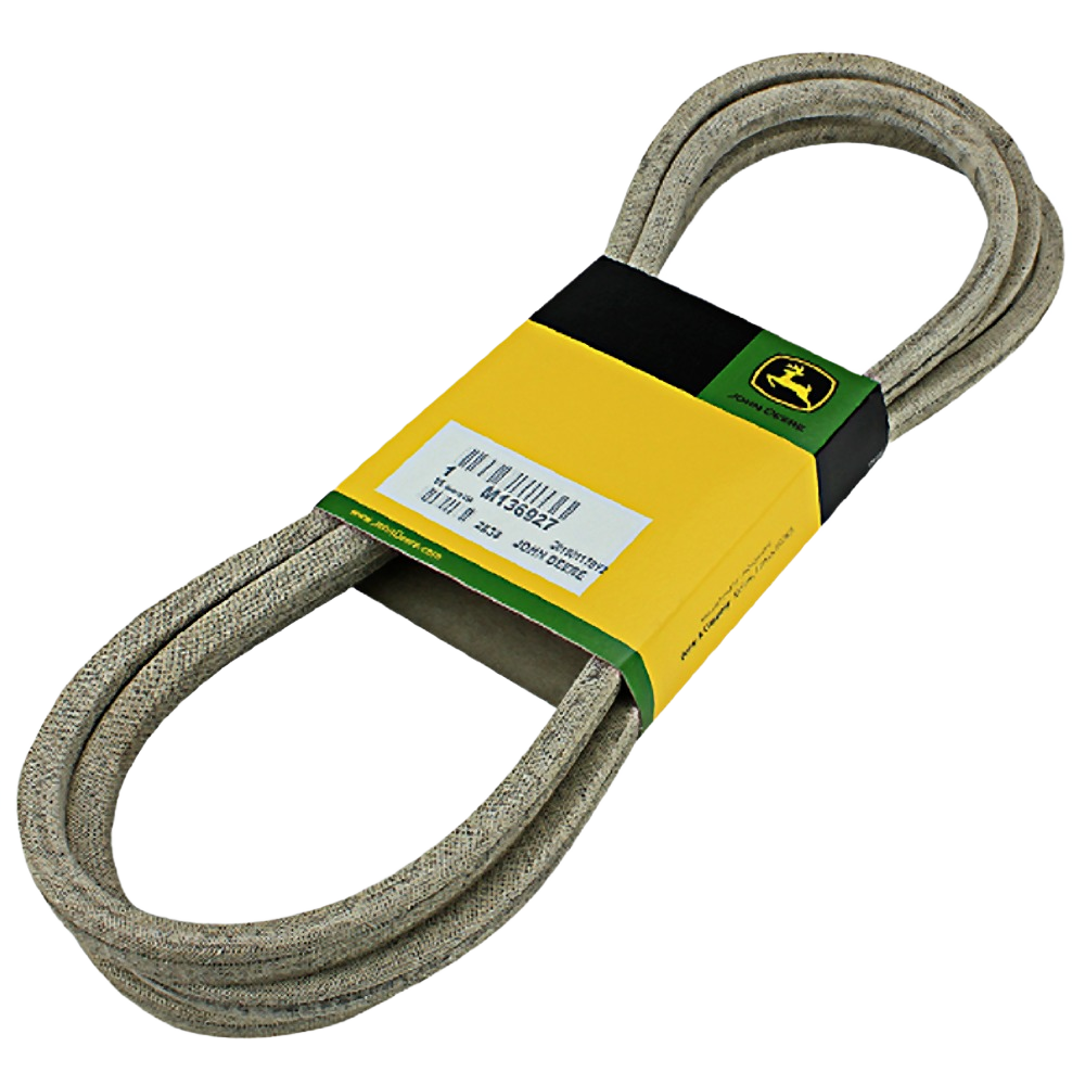 Beige woven drive belt with yellow and green branded packaging for outdoor equipment maintenance and home improvement tools