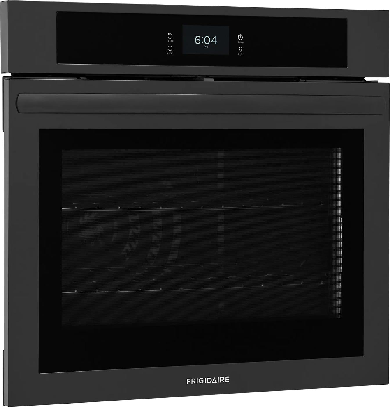 Modern single electric wall oven in black with fan convection and digital touchscreen controls from kitchen appliances collection