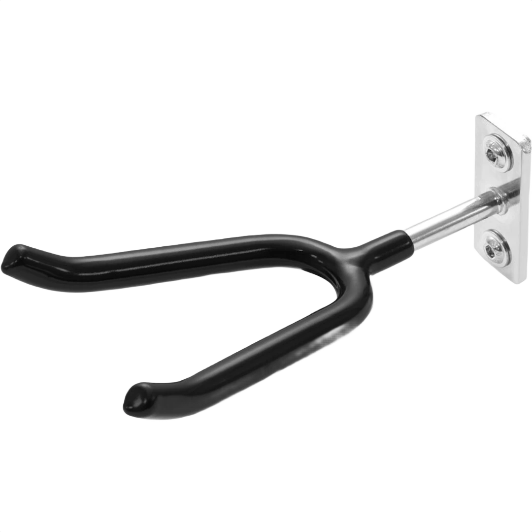 Black coated metal spray gun hook with mounting plate for secure workshop organization and tool storage solutions