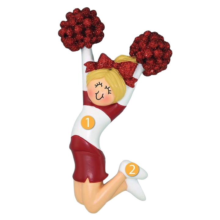 Blonde cheerleader figurine in red uniform jumping with glittery red pom-poms from Christmas Ornaments & Tree Decorations collection