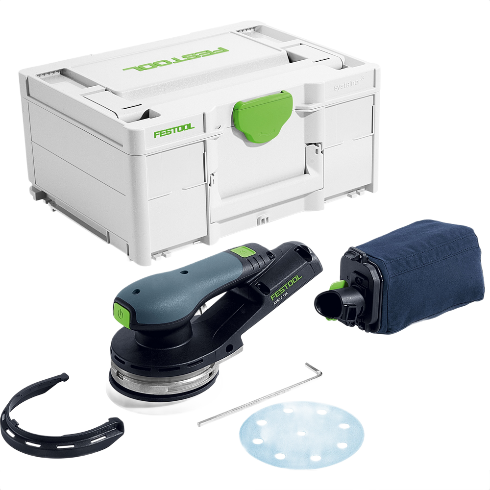 Cordless random orbit sander with dust collection bag, sanding disc, and storage case for home improvement tasks