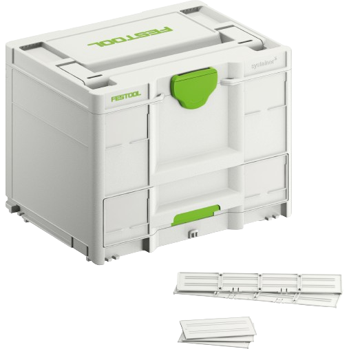 Compact white and green interlocking Festool storage box for organizing tools and accessories in workshop environments