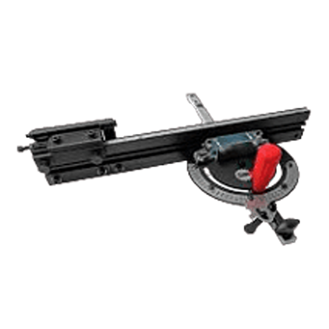 Black and red scale miter gauge with protractor head for precision angle measurement in saw accessories and tool collections
