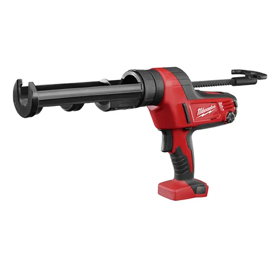 Red and black cordless caulk and adhesive applicator gun designed for efficient home improvement projects