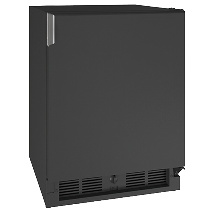 Compact black refrigerator with front ventilation and a sleek handle, ideal for kitchen and appliance spaces.