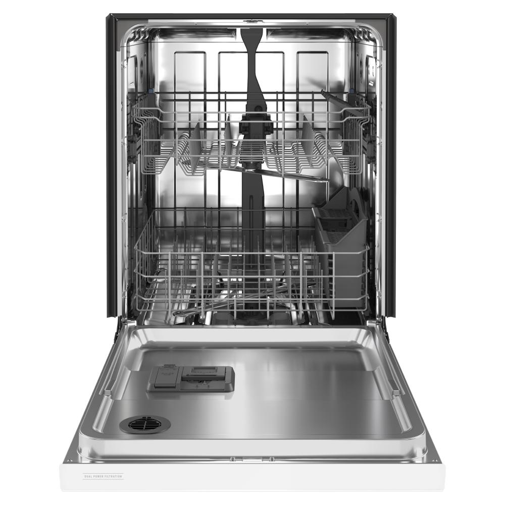Open front control dishwasher with dual filtration system and adjustable upper rack for kitchen use