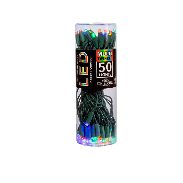 Multi-color twinkle LED string lights with green wire, 50 bulbs for indoor and outdoor home improvement use