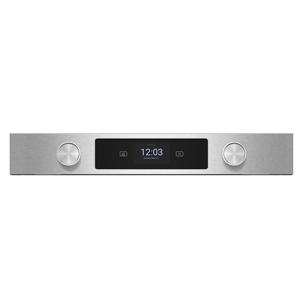 Stainless steel wall oven control panel with LED touchscreen displaying time and two brushed metal knobs