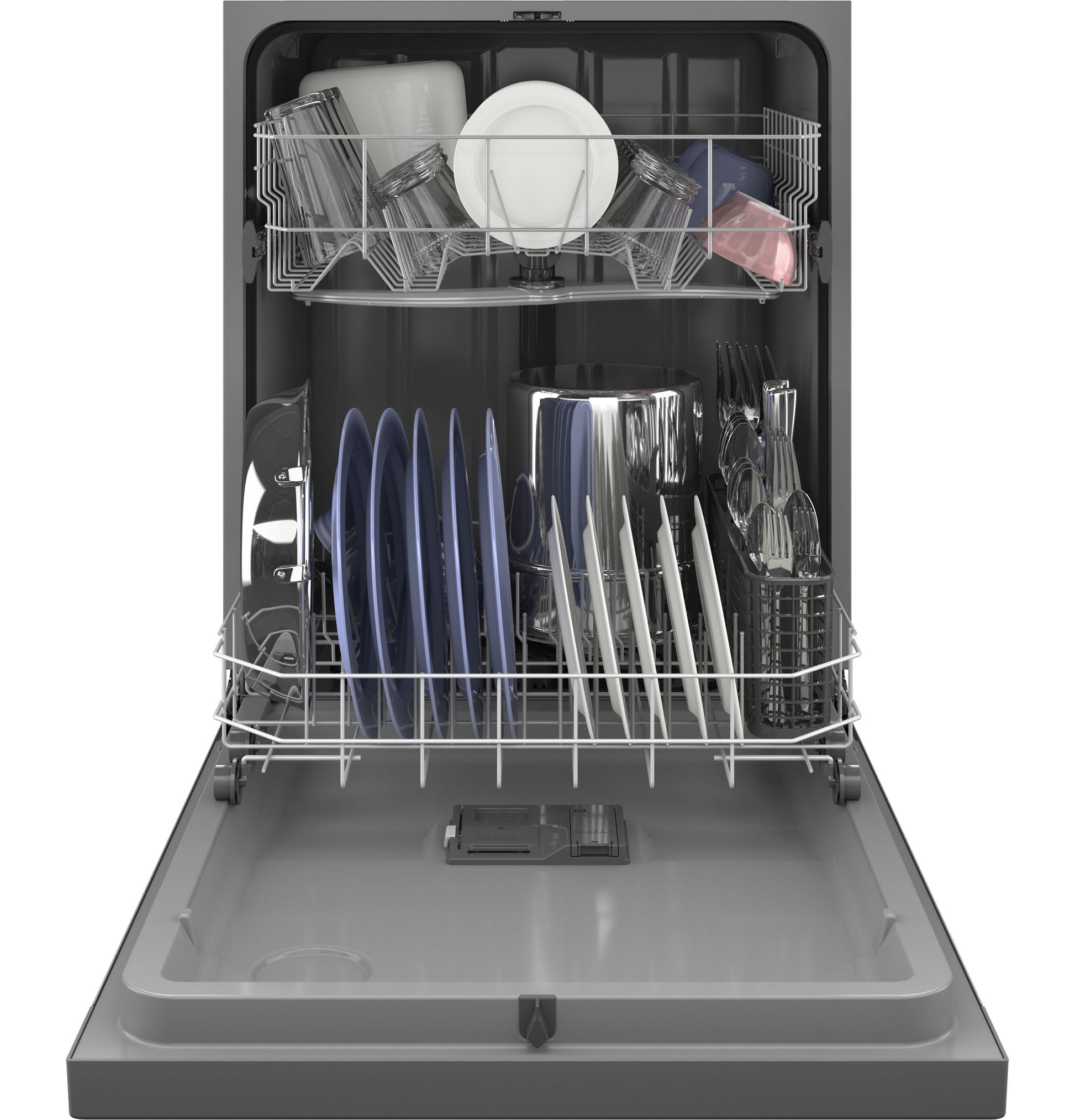 Open GE ENERGY STAR dishwasher loaded with dishes, glasses, and utensils in kitchen appliances collection