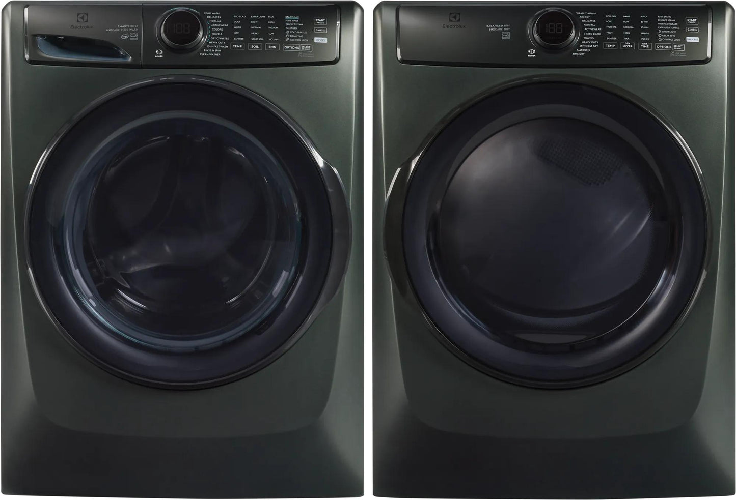 Dark gray front load washer and matching gas dryer with digital controls from Washers & Dryers and Appliances collections