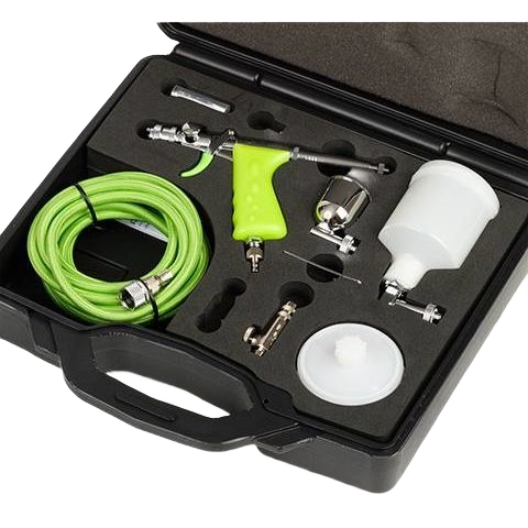 Open black carrying case with green micro spray gun, hose, cups, and accessories in paint sprayers and home improvement tools collections