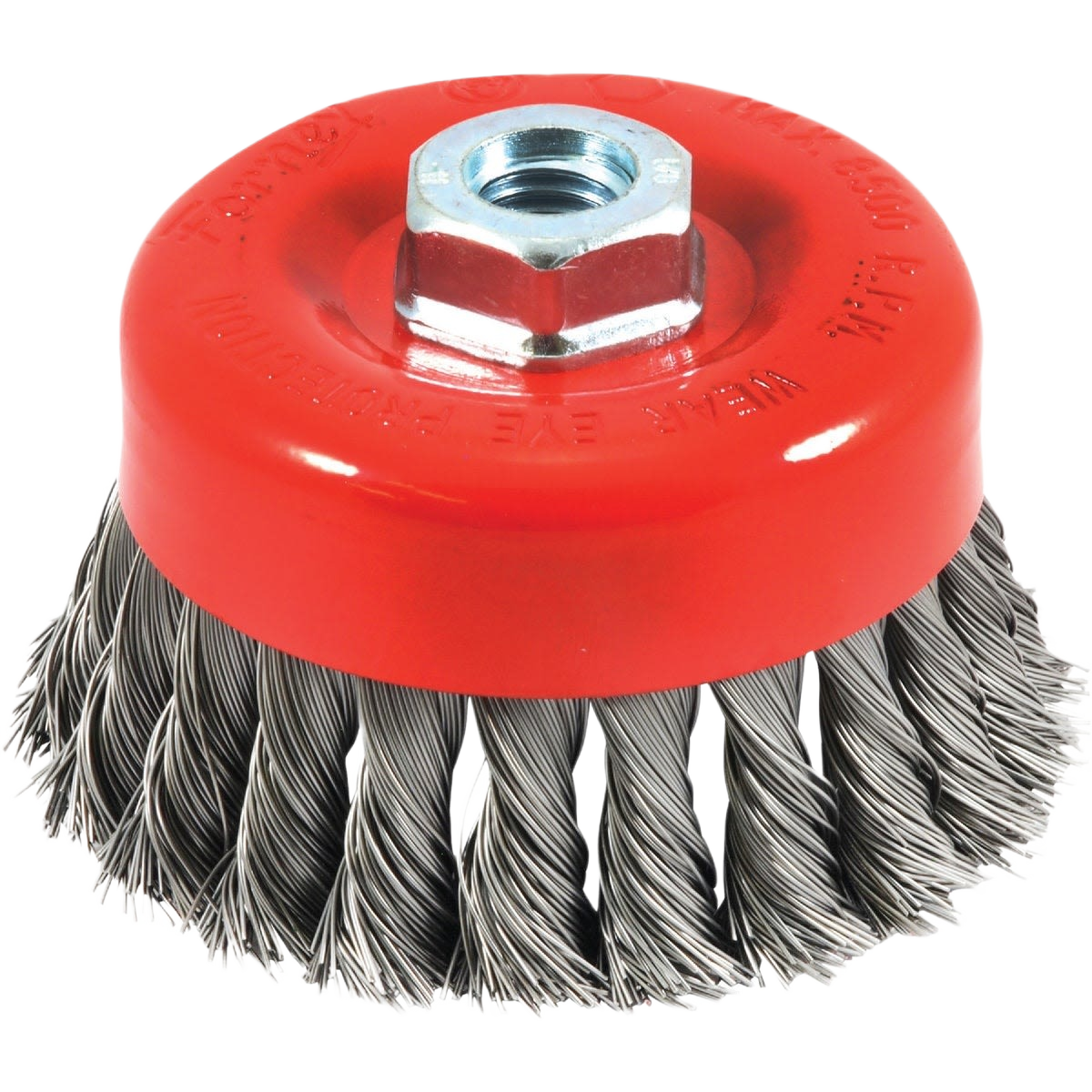 Knotted steel wire brush with red metal base for angle grinder use in tools and home improvement tasks