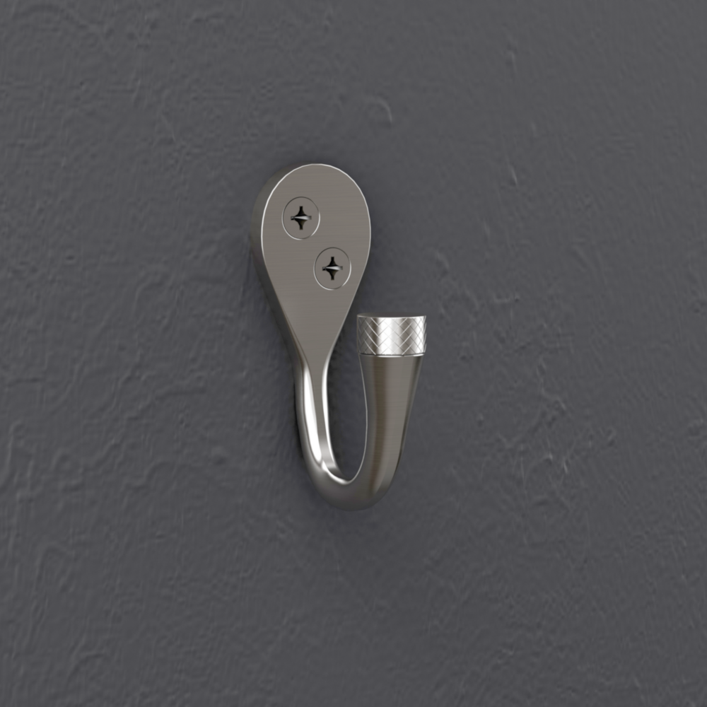 Satin nickel knurled wall hook with mounting screws, designed for home improvement hardware under $50.