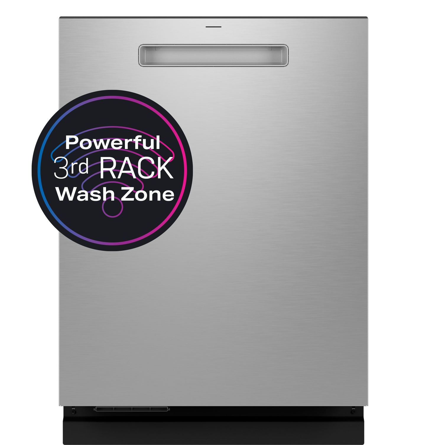 Front view of stainless steel dishwasher with powerful third rack wash zone in kitchen appliance collection