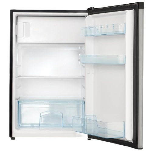 Open compact refrigerator in black finish with clear storage bins and wire shelves for kitchen and mini refrigerator collections