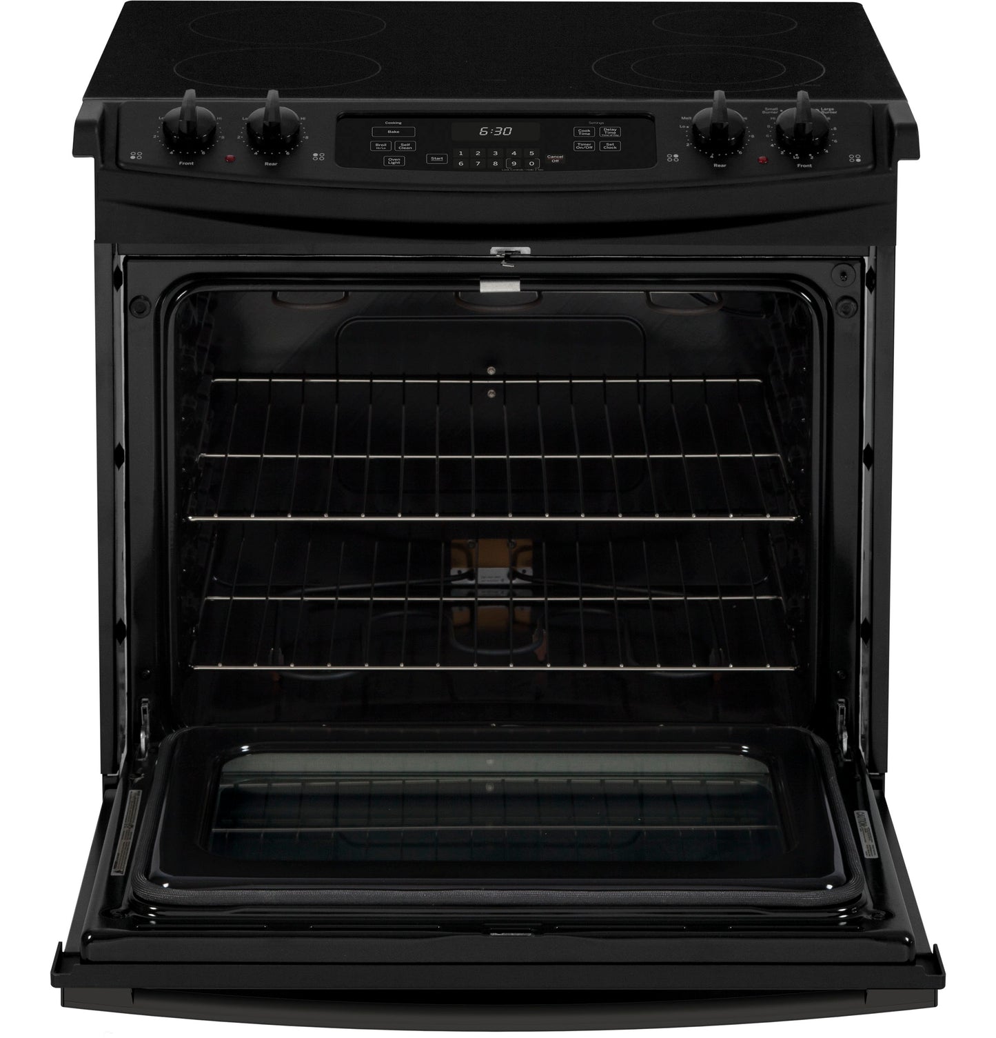 Black drop-in electric range with smooth cooktop and open oven door showing two interior racks in kitchen appliances collection