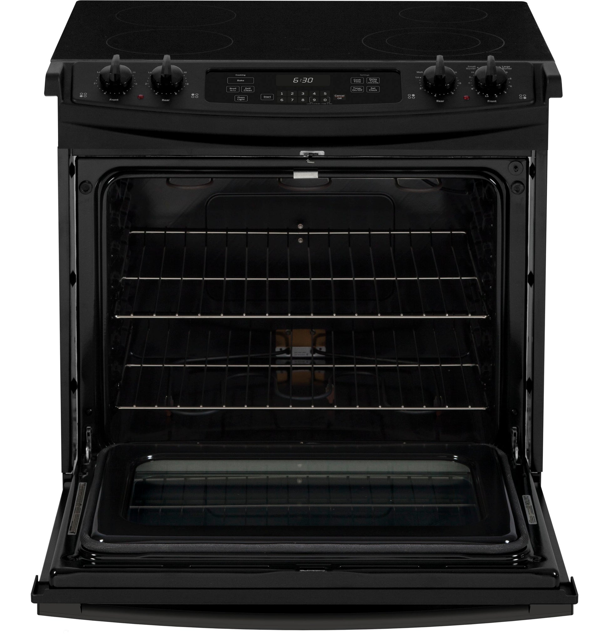Black drop-in electric range with smooth cooktop and open oven door showing two interior racks in kitchen appliances collection