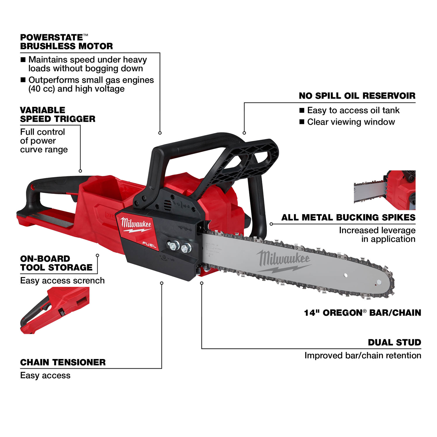 Red and black cordless 14-inch chainsaw with POWERSTATE brushless motor for outdoor power equipment and lawn tools collections