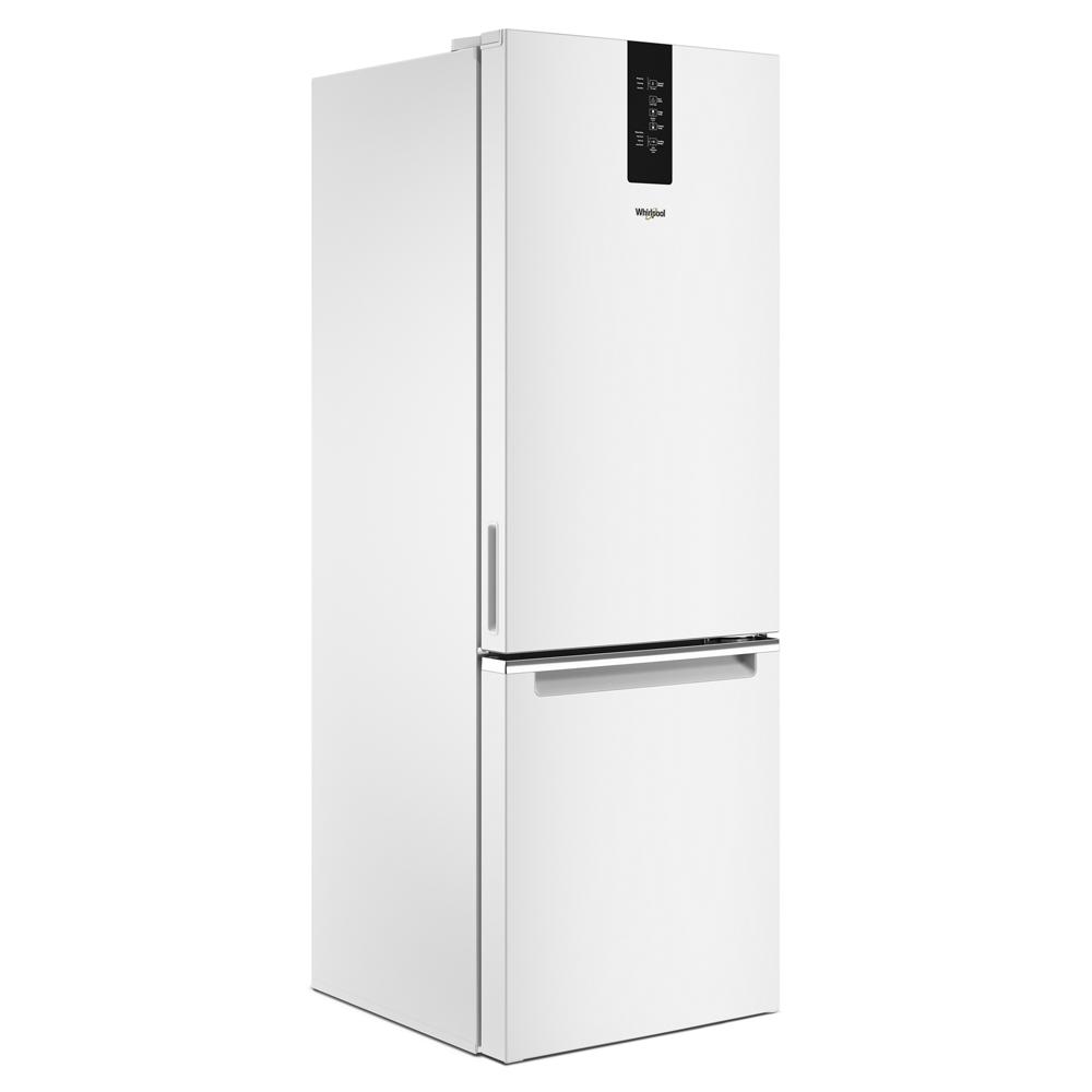 White bottom-freezer refrigerator with digital control panel and recessed handle from kitchen appliances collection