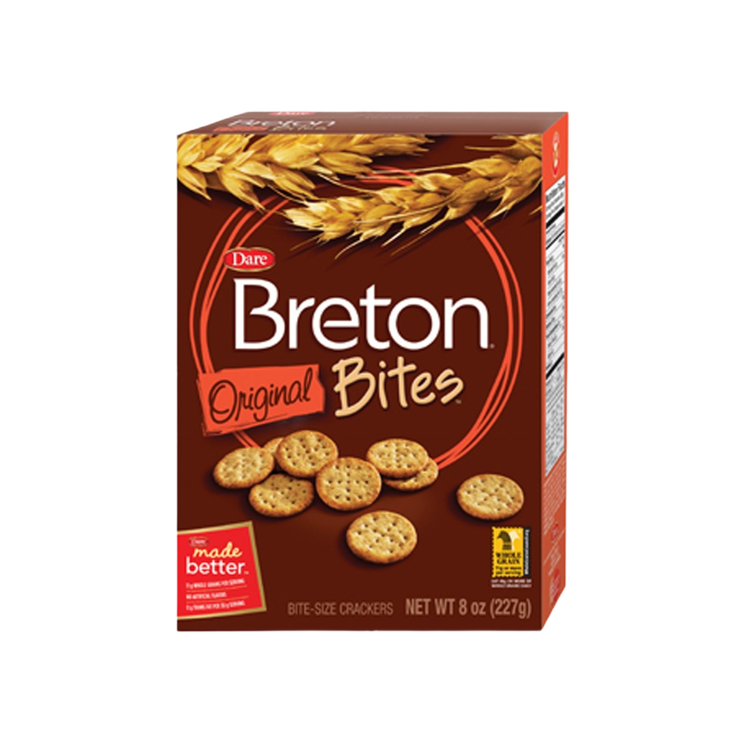 Box of bite-size crackers with wheat graphics and brown-red packaging for snack and food use