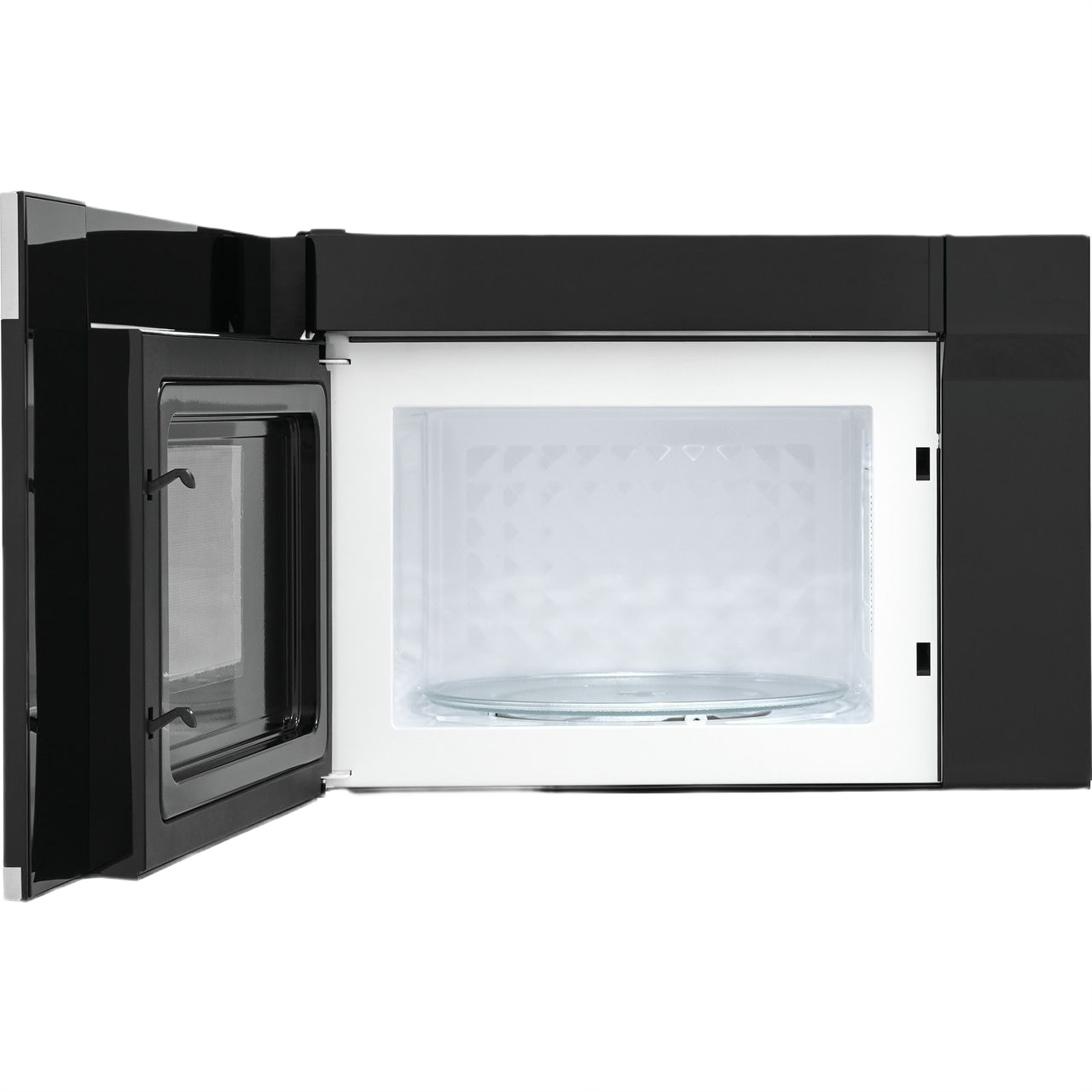 Open over-the-range microwave with interior light on and glass turntable in Kitchen & Kitchenware and Appliances collections