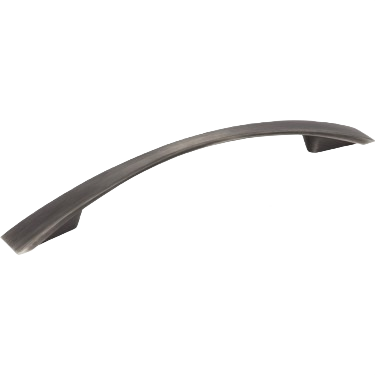 Curved brushed pewter cabinet pull with 128mm center-to-center mounting for furniture hardware and home improvement.