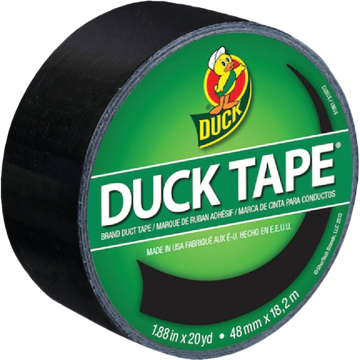 Roll of black duct tape with green label featuring a duck logo for tapes and home improvement tools collections