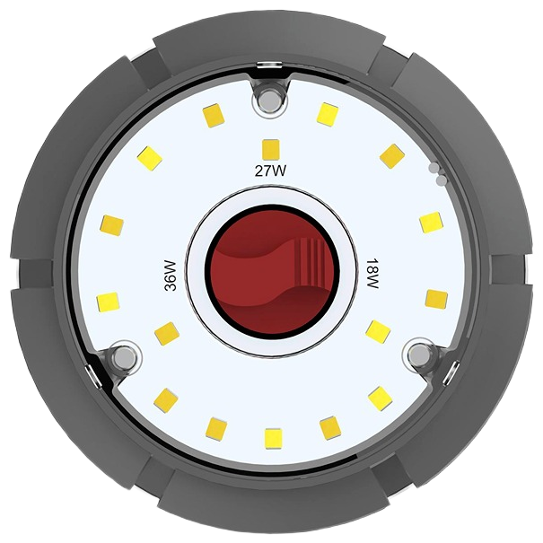 Top view of a selectable wattage LED light bulb with visible LED chips and medium base for electrical lighting use