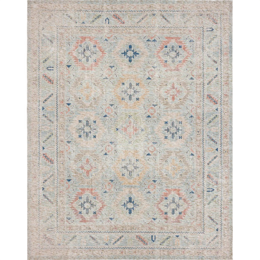 Neutral-toned area rug with subtle geometric patterns and soft touches of blue, orange, and beige for home décor.
