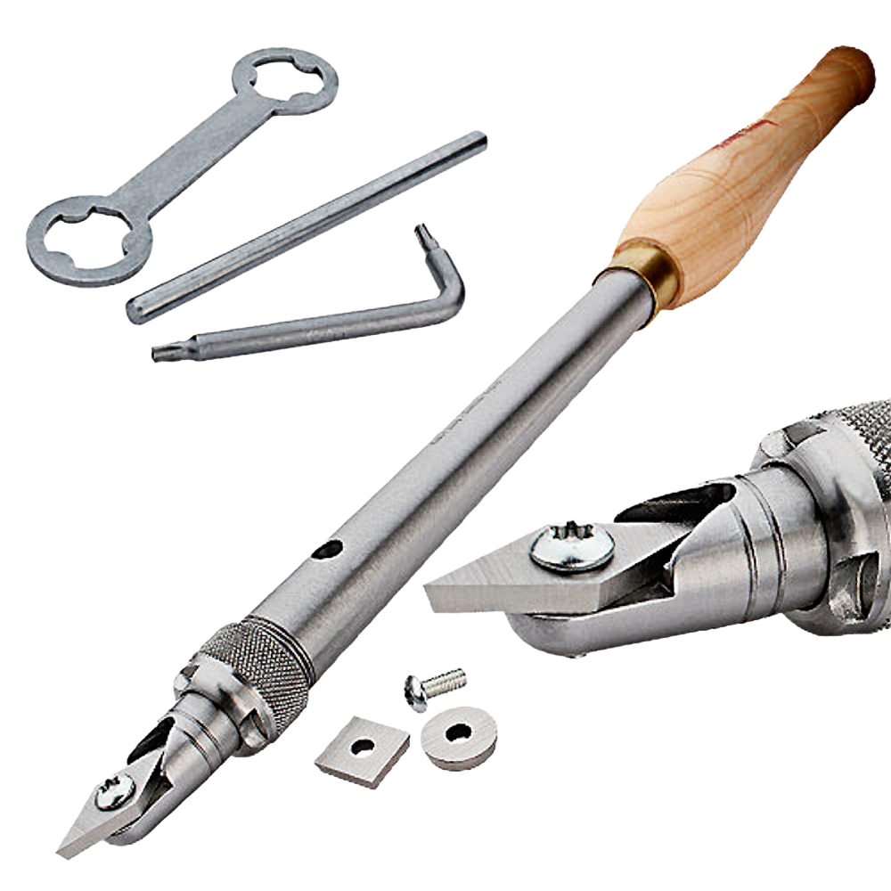 Woodturning tool with wooden handle and steel cutters, including adjustment tools in woodworking tools collection