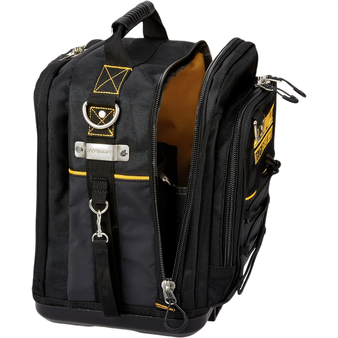Compact black and yellow tool bag with over 25 pockets for organized storage in workshops and jobsite settings