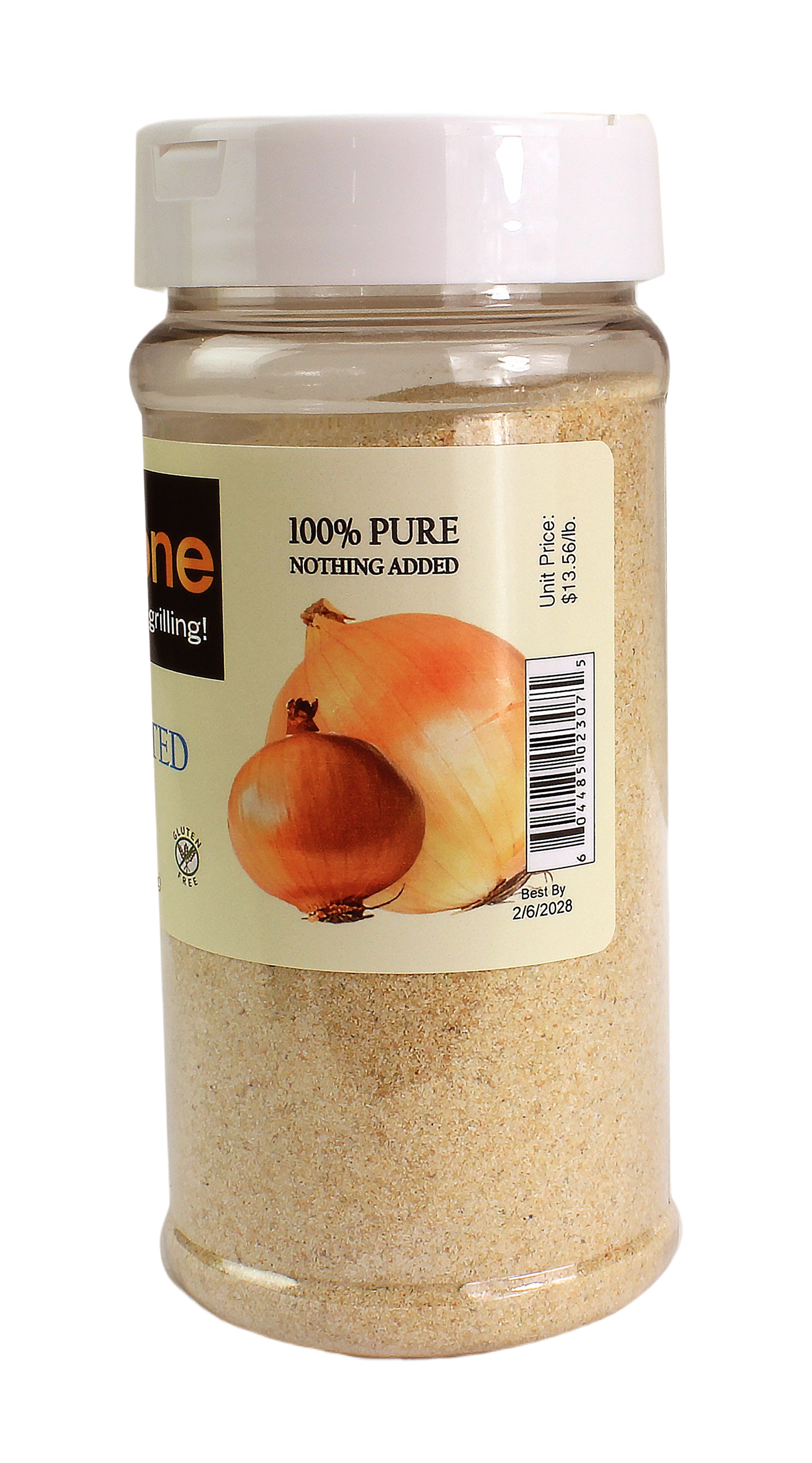 Clear plastic jar of granulated onion seasoning made from pure California-grown onions for grilling and outdoor cooking collections under $50