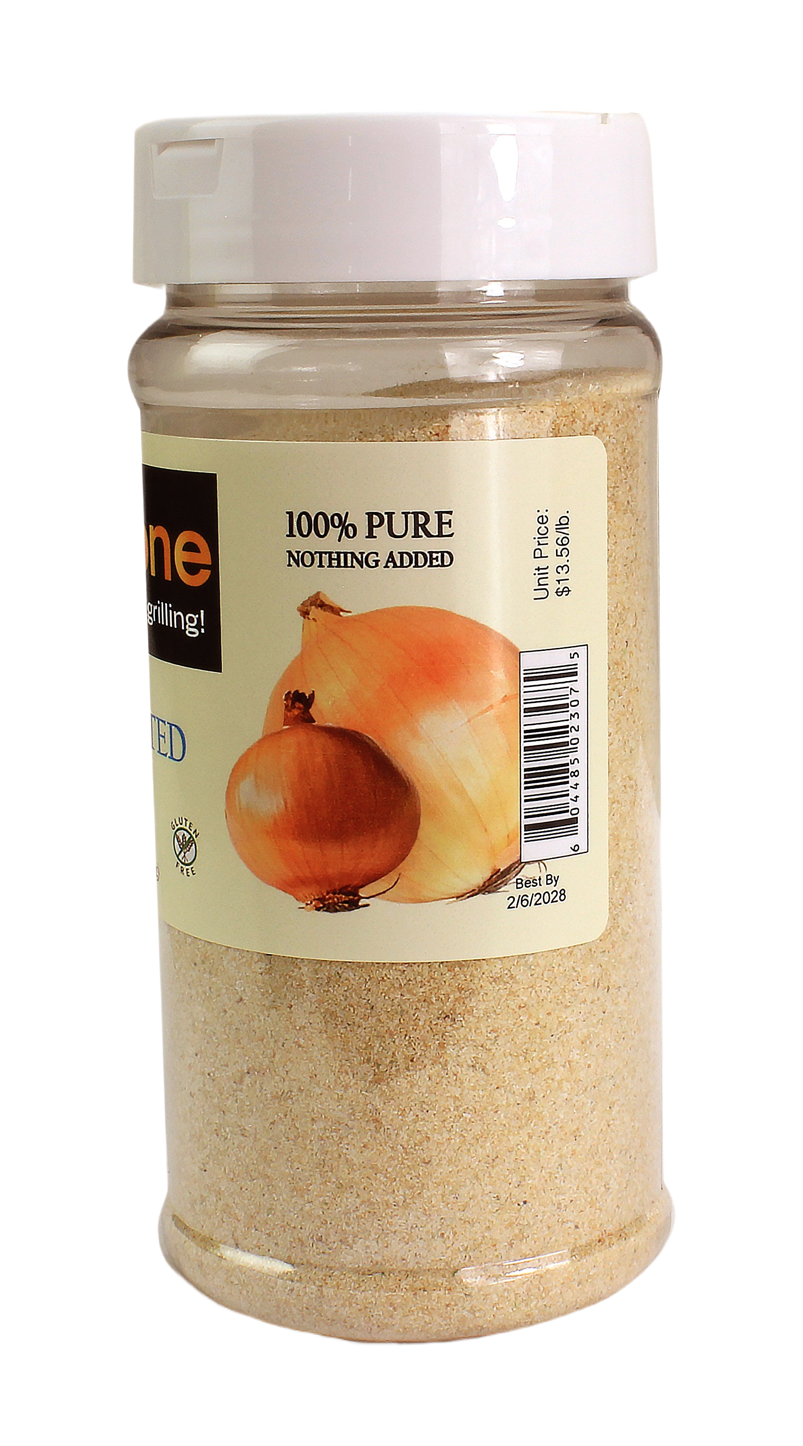 Clear plastic jar of granulated onion seasoning made from pure California-grown onions for grilling and outdoor cooking collections under $50