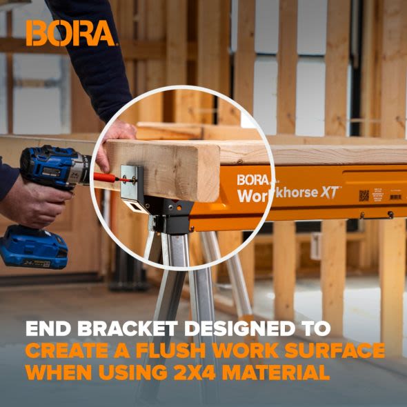 Orange metal workbench with adjustable end bracket securing 2x4 lumber for flush work surface in home improvement projects
