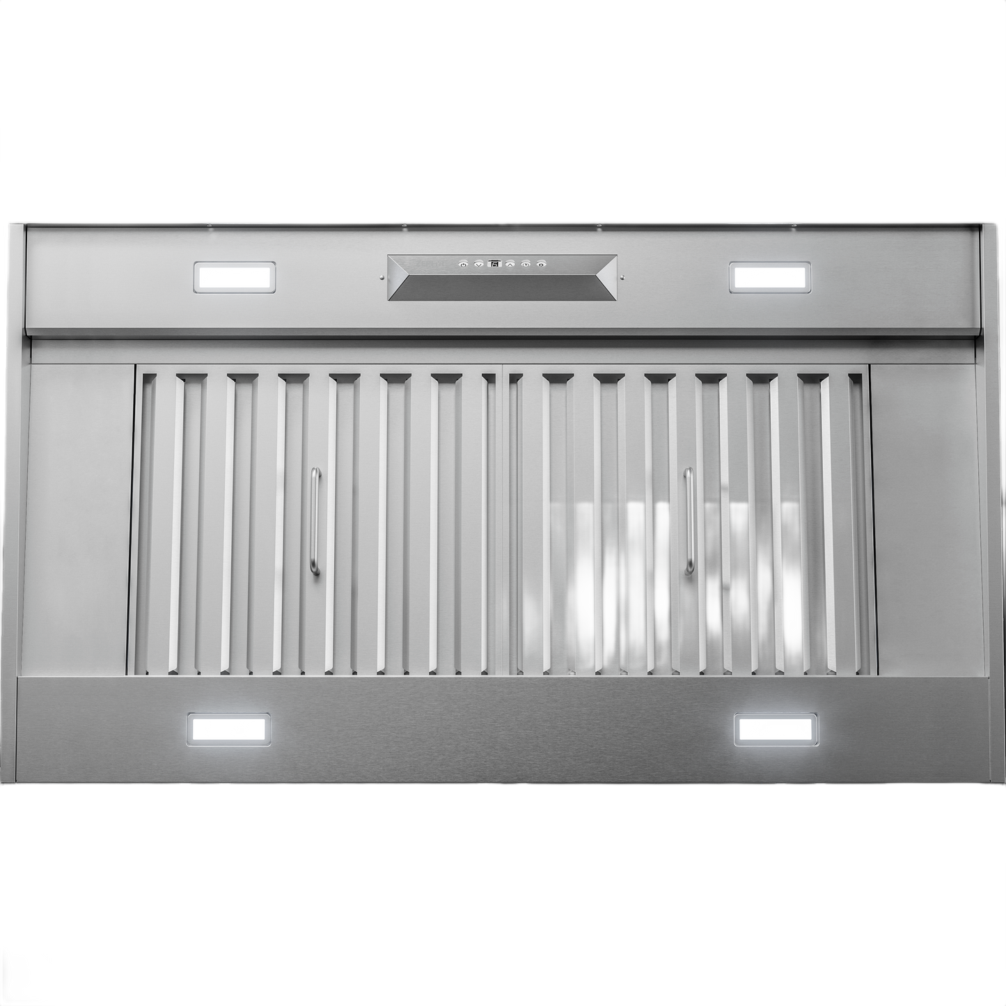 Stainless steel insert range hood with LED lights and control panel in Over the Range Hoods collection