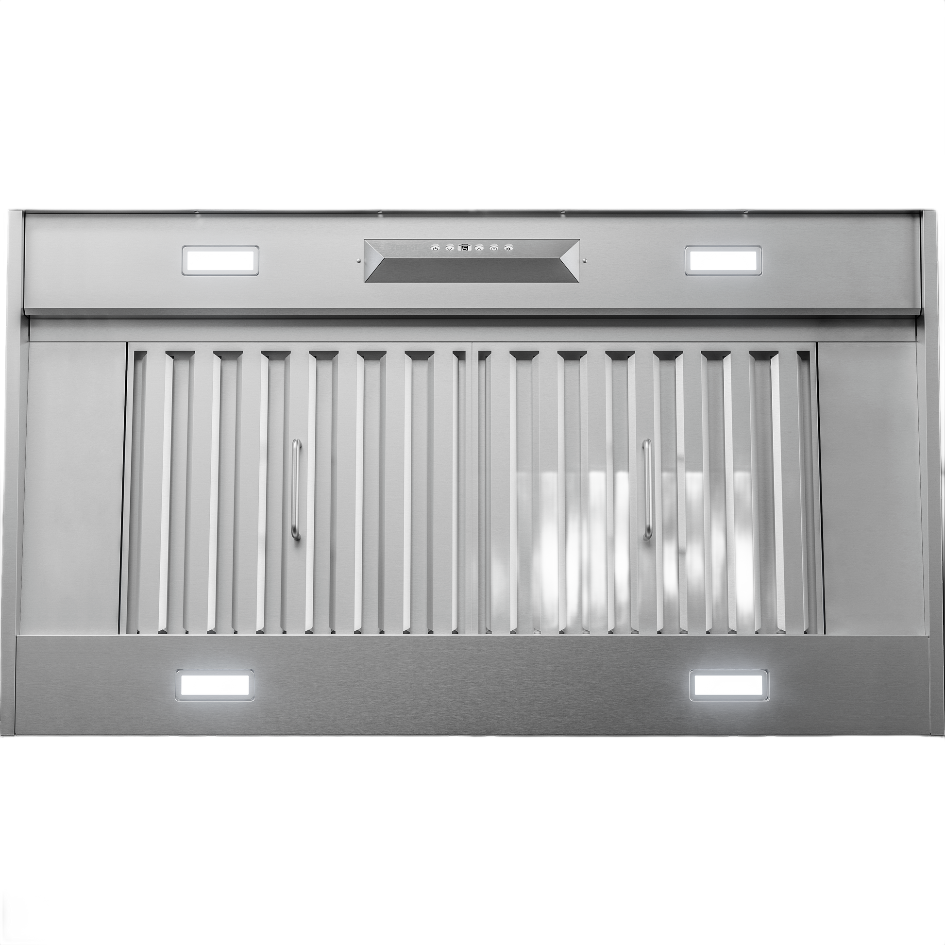 Stainless steel insert range hood with LED lights and control panel in Over the Range Hoods collection