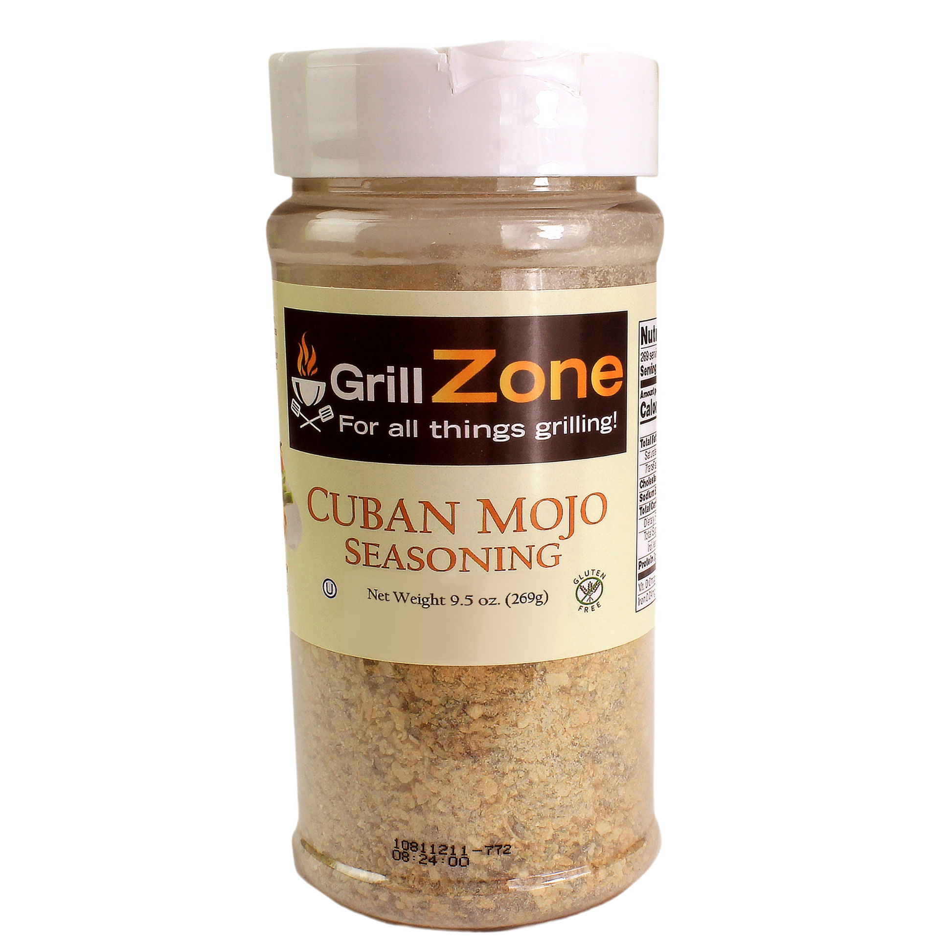 Plastic spice container filled with Cuban mojo seasoning labeled for grilling and barbecue use