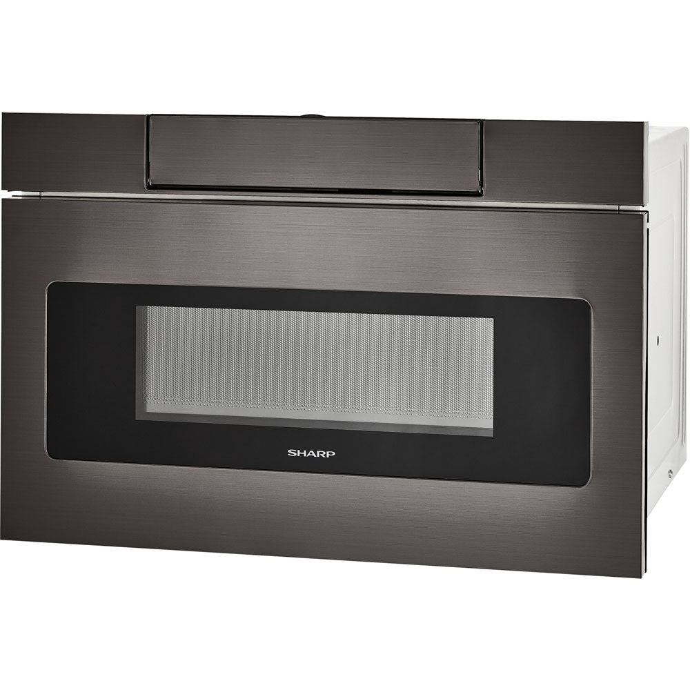 Flat panel microwave drawer in stainless steel with black glass window and easy touch open feature from Appliances collection