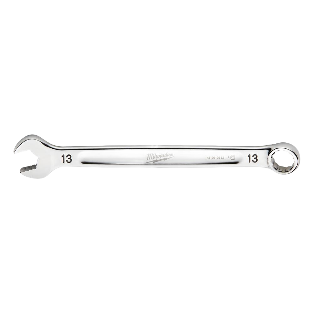Polished 13-mm combination wrench with open and box ends for versatile home improvement tool use