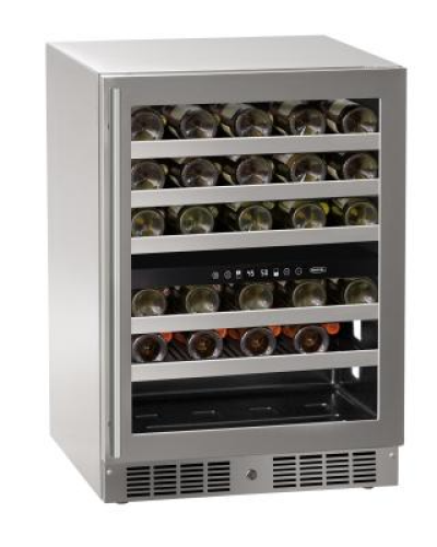 Stainless steel dual-zone wine refrigerator with glass door, digital controls, and multiple shelves in kitchen appliances collection