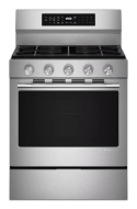 Stainless steel smart freestanding gas range with five control knobs, digital display, convection cooking, part of KitchenAid Ranges and Gas Ranges collections.