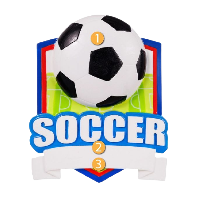 Soccer-themed shield ornament with black and white ball and green field background from Christmas Ornaments & Tree Decorations collection