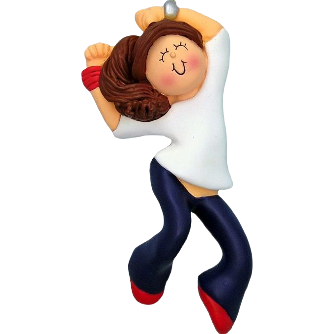 Brunette female hip hop dancer ornament in white top and navy pants, festive Christmas tree decoration under $50