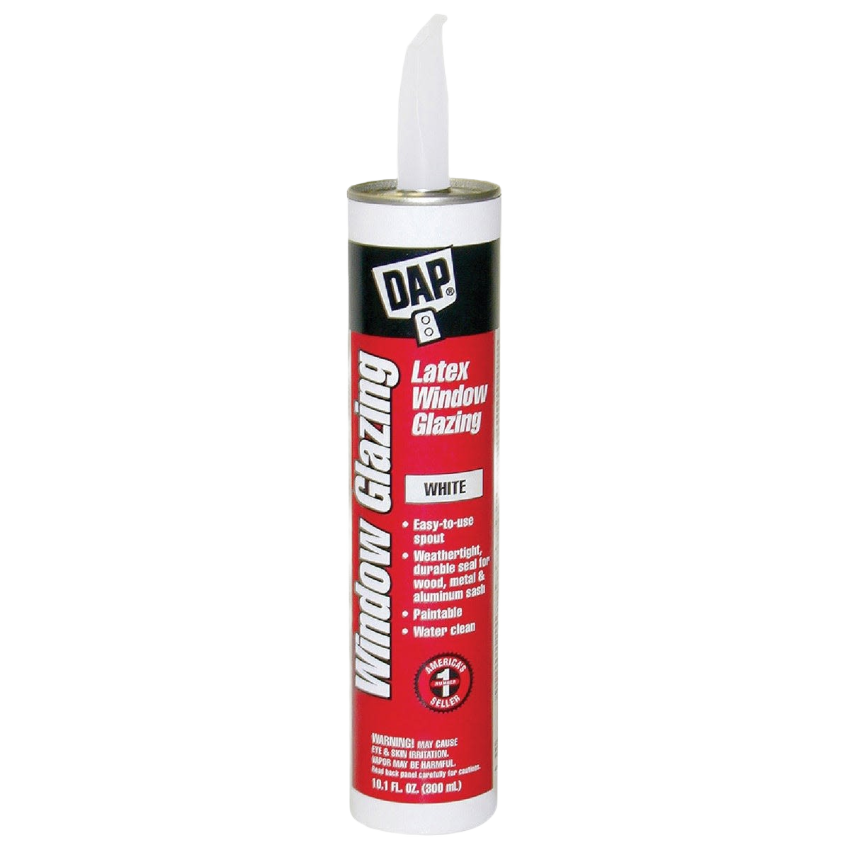 Tube of DAP latex glazing compound with easy-use spout for weather tight sealing in home improvement projects