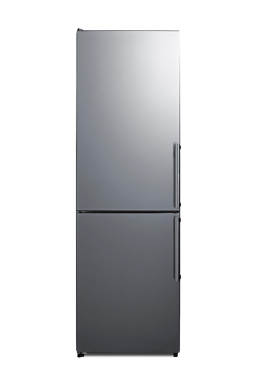 Modern stainless steel bottom freezer refrigerator with vertical handles for kitchen appliance collections and home improvement